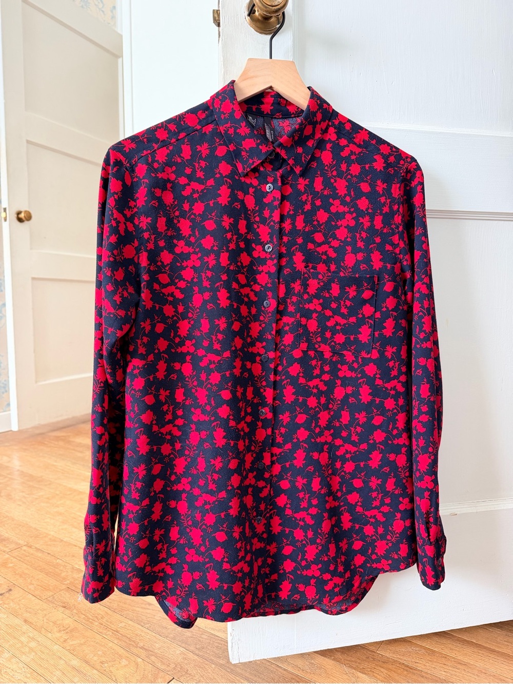 Mango Navy Button-Down Shirt with Red Floral Print